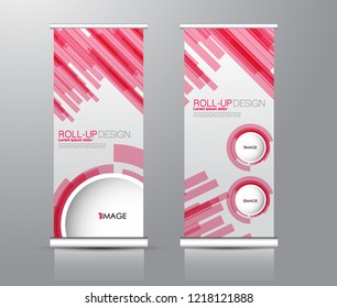 Roll up stand design. Vertical banner template for education, business, presentation, advertisement. Vector illustration. Pink color.