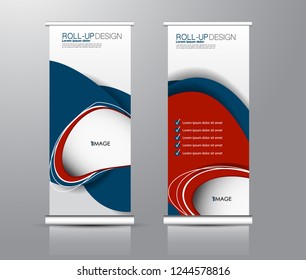 Roll up stand design. Vertical banner template for education, business, presentation, advertisement. Vector illustration. Blue and red color.