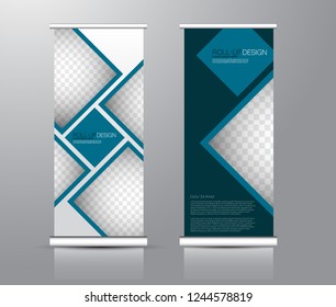 Ständer-Design aufrollen. Vertikale Bannervorlage für Bildung, Business, Präsentation, Werbung. Vektorgrafik. Blau.