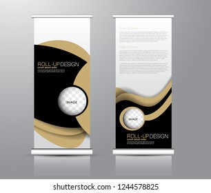 Roll up stand design. Vertical banner template for education, business, presentation, advertisement. Vector illustration. Black and beige color.