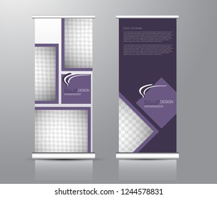 Roll up stand design. Vertical banner template for education, business, presentation, advertisement. Vector illustration. Purple color.