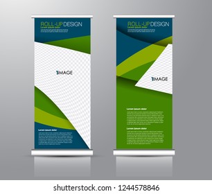 Roll up stand design. Vertical banner template for education, business, presentation, advertisement. Vector illustration. Blue and green color.