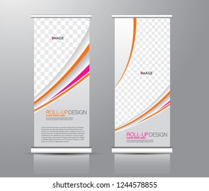 Roll up stand design. Vertical banner template for education, business, presentation, advertisement. Vector illustration. Pink and orange color.