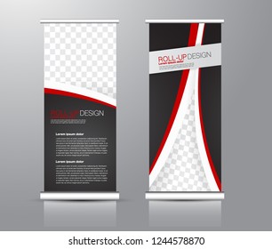 Roll up stand design. Vertical banner template for education, business, presentation, advertisement. Vector illustration. Black and red color.