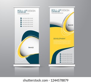 Roll up stand design. Vertical banner template for education, business, presentation, advertisement. Vector illustration. Blue and yellow color.