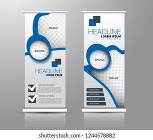 Roll up stand design. Vertical banner template for education, business, presentation, advertisement. Vector illustration. Blue color.