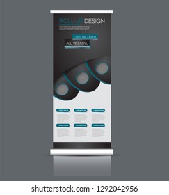 Roll up stand design. Vertical banner template. Vector illustration. Blue and black color.