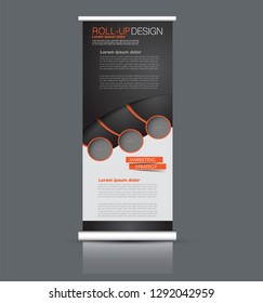 Roll up stand design. Vertical banner template. Vector illustration. Red and black color.