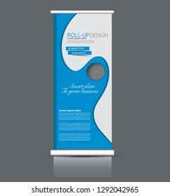 Roll up stand design. Vertical banner template. Vector illustration. Blue color.
