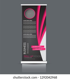 Roll up stand design. Vertical banner template. Vector illustration. Pink and black color.