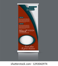 Roll up stand design. Vertical banner template. Vector illustration. Red and green color.