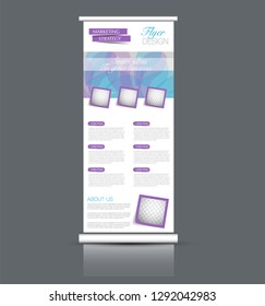 Roll up stand design. Vertical banner template. Vector illustration. Blue and purple color.