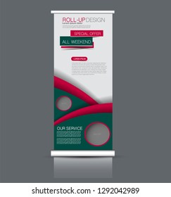 Roll up stand design. Vertical banner template. Vector illustration. Red and green color.