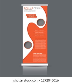 Roll up stand design. Vertical banner template. Vector illustration. Orange color.