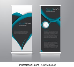 Roll up stand design. Vertical banner template for education, business, presentation, advertisement. Vector illustration. Black and blue color.