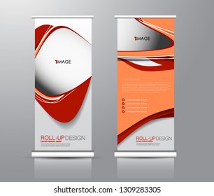 Roll up stand design. Vertical banner template for education, business, presentation, advertisement. Vector illustration. Red and orange color.