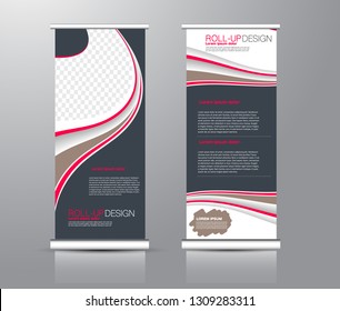 Roll up stand design. Vertical banner template for education, business, presentation, advertisement. Vector illustration. Pink and brown color.