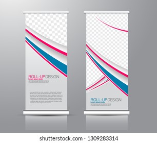 Roll up stand design. Vertical banner template for education, business, presentation, advertisement. Vector illustration. Pink and blue color.