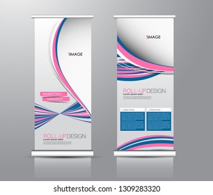 Roll up stand design. Vertical banner template for education, business, presentation, advertisement. Vector illustration. Pink and blue color.