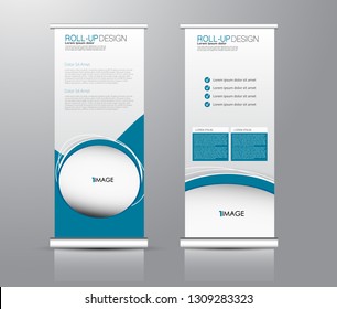 Roll up stand design. Vertical banner template for education, business, presentation, advertisement. Vector illustration. Blue color.