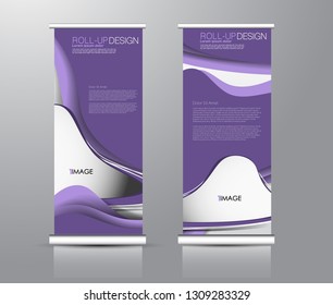 Roll up stand design. Vertical banner template for education, business, presentation, advertisement. Vector illustration. Purple color.