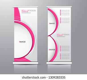 Roll up stand design. Vertical banner template for education, business, presentation, advertisement. Vector illustration. Pink color.