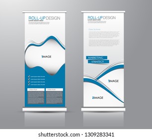 Roll up stand design. Vertical banner template for education, business, presentation, advertisement. Vector illustration. Blue color.