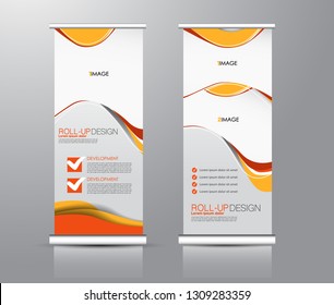 Roll up stand design. Vertical banner template for education, business, presentation, advertisement. Vector illustration. Orange color.