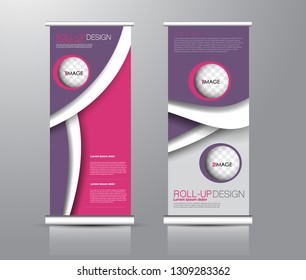 Roll up stand design. Vertical banner template for education, business, presentation, advertisement. Vector illustration. Purple and pink color.