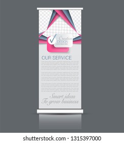 Roll up stand design. Vertical banner template. Vector illustration. Pink and grey color.
