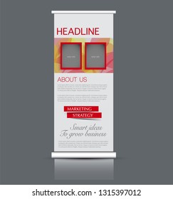Roll up stand design. Vertical banner template. Vector illustration. Red and yellow color.