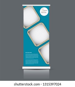 Roll up stand design. Vertical banner template. Vector illustration. Blue color.