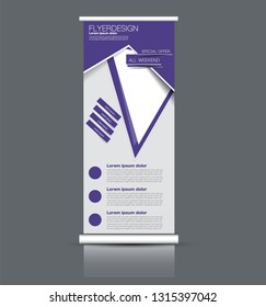 Roll up stand design. Vertical banner template. Vector illustration. Purple color.