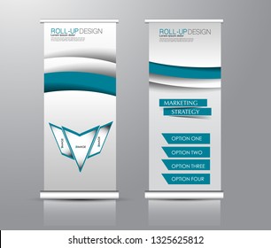 Roll up stand design. Vertical banner template for education, business, presentation, advertisement. Vector illustration. Blue color.