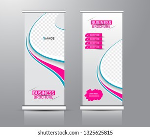 Roll up stand design. Vertical banner template for education, business, presentation, advertisement. Vector illustration. Pink and blue color.