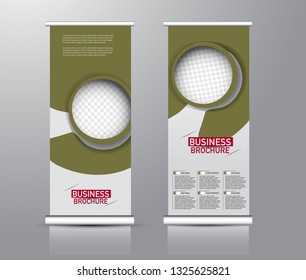 Roll up stand design. Vertical banner template for education, business, presentation, advertisement. Vector illustration. Green and red color.