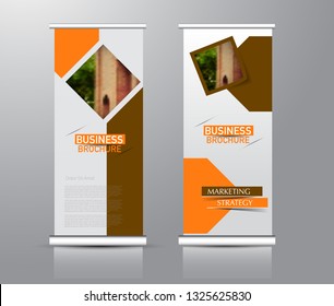 Roll up stand design. Vertical banner template for education, business, presentation, advertisement. Vector illustration. Orange and brown color.