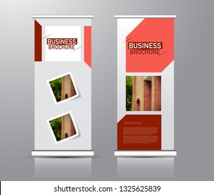 Roll up stand design. Vertical banner template for education, business, presentation, advertisement. Vector illustration. Red and orange color.
