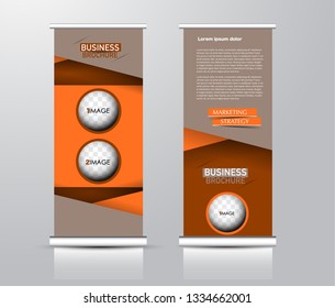Roll up stand design. Vertical banner template for education, business, presentation, advertisement. Vector illustration. Brown and orange color.