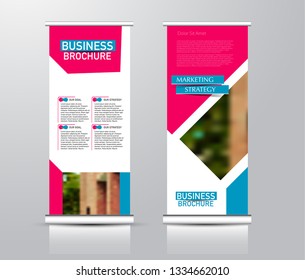 Roll up stand design. Vertical banner template for education, business, presentation, advertisement. Vector illustration. Blue and pink color.