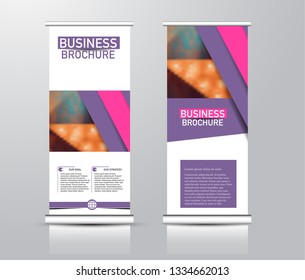 Roll up stand design. Vertical banner template for education, business, presentation, advertisement. Vector illustration. Pink and purple color.