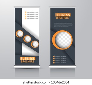 Roll up stand design. Vertical banner template for education, business, presentation, advertisement. Vector illustration. Black and orange color.