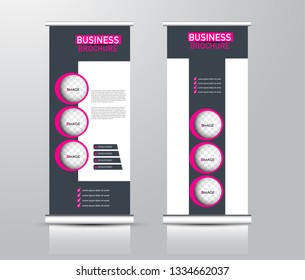 Roll up stand design. Vertical banner template for education, business, presentation, advertisement. Vector illustration. Black and pink color.