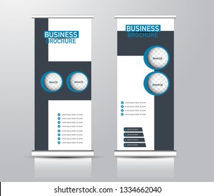 Roll up stand design. Vertical banner template for education, business, presentation, advertisement. Vector illustration. Black and blue color.