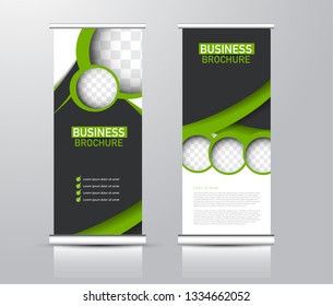 Roll up stand design. Vertical banner template for education, business, presentation, advertisement. Vector illustration. Black and green color.