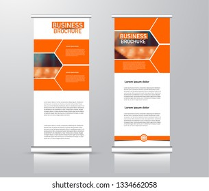 Roll up stand design. Vertical banner template for education, business, presentation, advertisement. Vector illustration. Orange color.