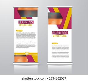 Roll up stand design. Vertical banner template for education, business, presentation, advertisement. Vector illustration. Pink and yellow color.