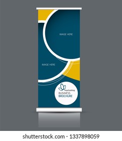 Roll up stand design. Vertical banner template. Vector illustration. Blue and yellow color.