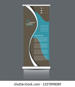 Roll up stand design. Vertical banner template. Vector illustration. Brown and blue color.