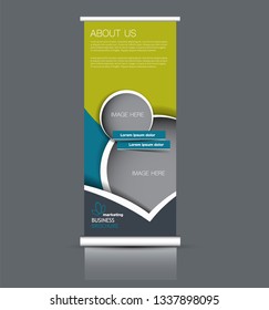 Roll up stand design. Vertical banner template. Vector illustration. Blue and green color.